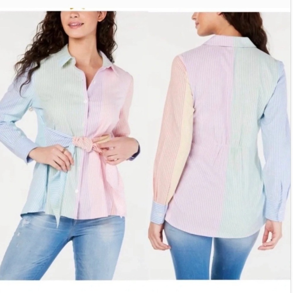 Tommy Hilfiger Berkeley Tie Front Button Up Shirt Rainbow Patchwork‎ Stripes SZL
